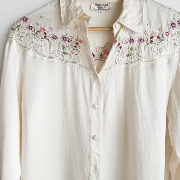 Vintage Baby Angel Silk Floral Embroidered Long Sleeve Blouse S - Picture 3 of 8